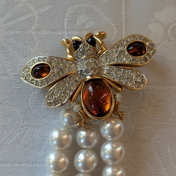 Unique Honey Bee Brooch Set W/ Two Gorgeous Amber Bees & Faux Pearls - Picture 3 of 5